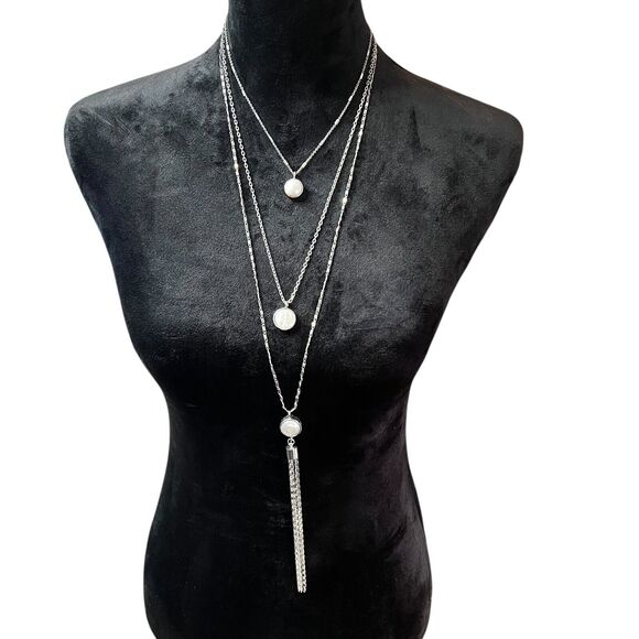 VERONESE Layered Necklace Silver Tone Baroque Pearl Pendant Tassel Chain Women - Picture 1 of 16